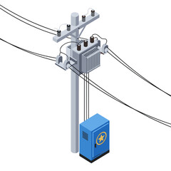 An electrical transformer mounted on a utility pole with power lines and a ground cabinet below.