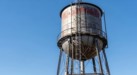 Grungy industrial water tower against a clear blue sky