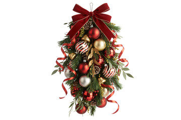 Elegant Christmas ornament arrangement with festive red bow, ornaments, and ribbons perfect for holiday decor and seasonal celebrations