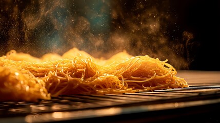 Close up shot of steaming pasta on a metal rack against a dark background with dust particles