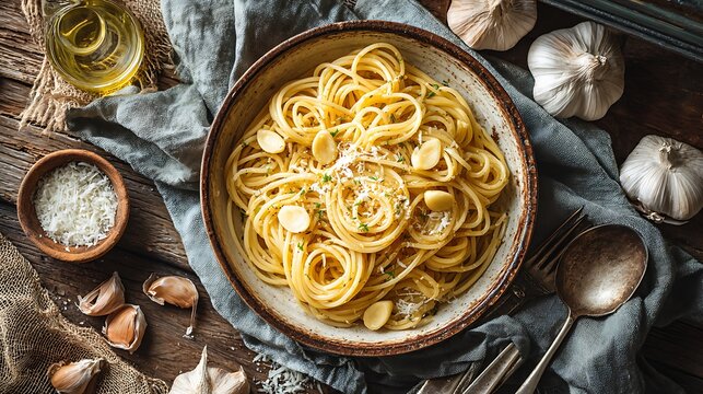A bowl of spaghetti aglio e olio with garlic, parmesan, and olive oil on a rustic wooden table