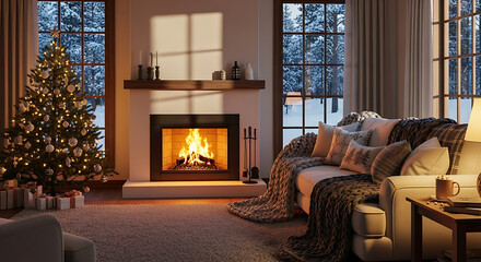 Cozy christmas living room with a glowing fireplace, decorated tree, and snowy winter forest view from window at night