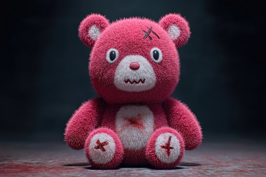 Un osito de peluche con heridas visibles, sentado sobre una superficie oscura.