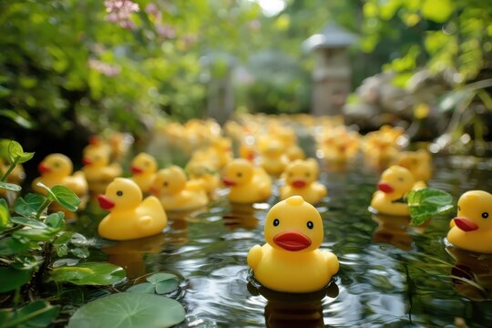 Una multitud de patitos de goma flotando en un estanque sereno, rodeados de exuberante vegetaci&oacute;n.