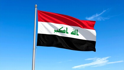 Iraqi national flag waving against a clear blue sky with wispy clouds