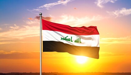 Iraqi national flag waving against a vibrant sunset