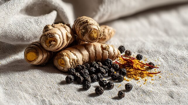 Close up of turmeric roots with black peppercorns and saffron threads on a textured cloth