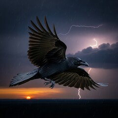 Raven in Flight During Stormy Weather.