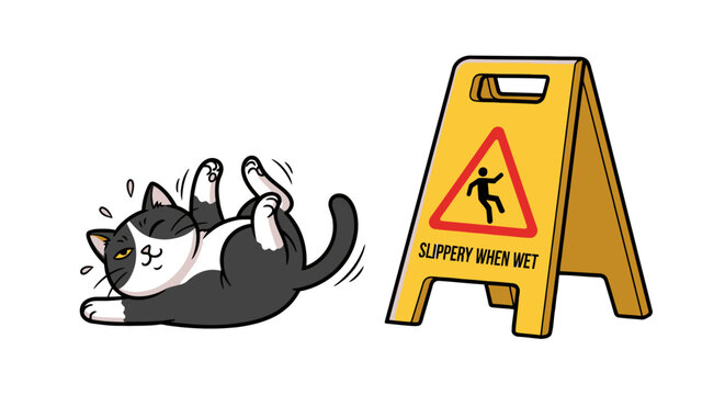 Cute cartoon cat on its back, dazed with sweat drops, next to a vivid yellow 'slippery when wet' warning sign, illustrating a humorous incident.