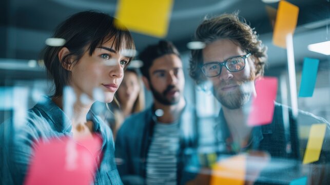 Creative team brainstorming with colorful sticky notes in modern office innovation concept