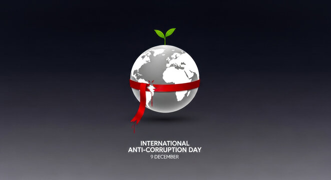 - International Anti-Corruption Day illustration, Earth with red ribbon and green sprout, 9 December awareness graphic
- Anti-corruption global symbol, stylized planet with growth and unity elements, 