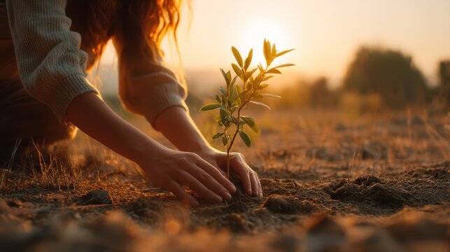 Woman planting young tree in dry soil at sunset promoting sustainability