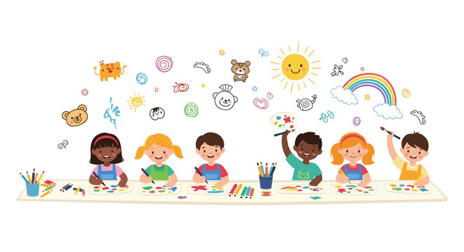 Happy diverse children are engaged in a creative art activity, drawing and painting at a table, surrounded by whimsical doodles. - Powered by Adobe
