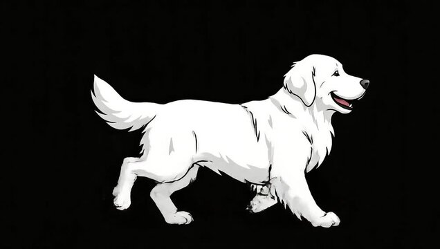 White Golden Retriever Dog Walking Animation on Black Background. Seamless Loop.