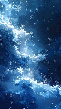 Digital painting of a swirling, cloudy night sky. Snowflakes gently fall within the deep blue atmosphere. A dreamy winter scene