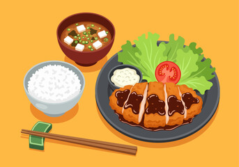 A vibrant flat-style illustration captures a complete Japanese katsu meal, featuring a crispy breaded cutlet, savory miso soup, fluffy rice, and fresh garnishes