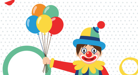 Naklejka premium A cheerful cartoon clown in a colorful costume holding vibrant balloons, set against a festive polka dot background.