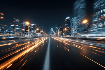 Digital data flows along a blurred road in a city at night, showcasing the fusion of technology and urban life with vibrant lights