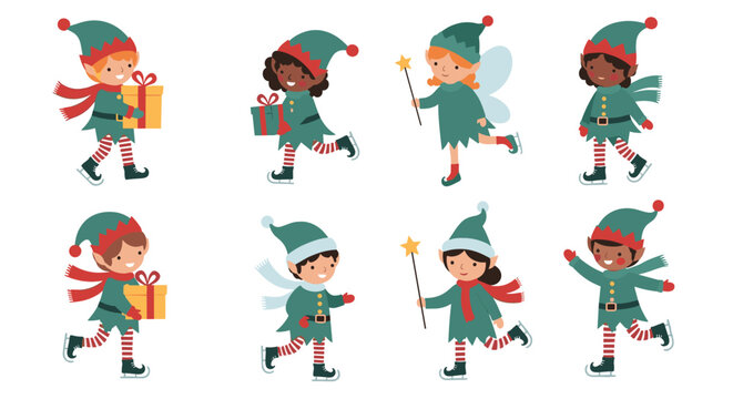 A diverse group of cheerful Christmas elves and fairies in festive outfits ice skating, some holding gifts and magic wands for the holidays.