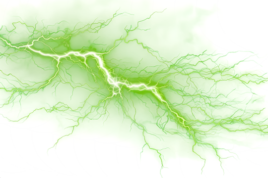  Striking green lightning bolt illuminating a white background, symbolizing power, energy, and electricity, ideal for high-impact graphic design and conceptual visuals.