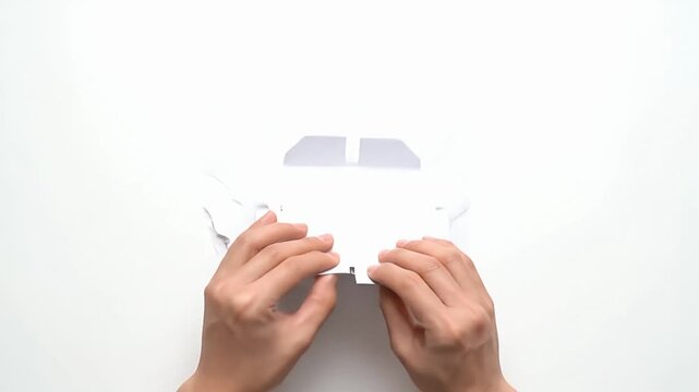 Hands Assembling a Small Blank White Cardboard Packaging Box Template