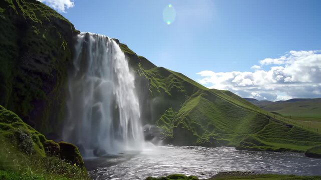 A cascading waterfall plunges down a lush, green hillside. The bright sun shines amidst a blue sky, creating a scenic vista