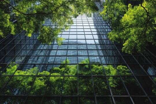 Reflective glass building integrated with greenery showcases commitment to environmental sustainability and social responsibility in urban design