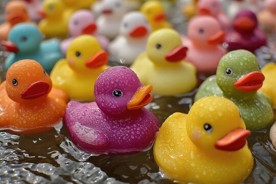 Un primer plano vibrante de una multitud de patitos de goma flotando en agua.