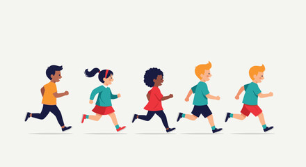 A diverse group of cheerful children, including boys and girls of various ethnicities, joyfully running together in a line.