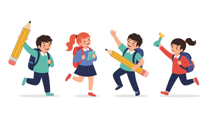 Four happy elementary school children with backpacks are joyfully running and carrying school supplies like pencils and books, celebrating learning.