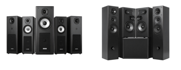 Black Home Theater Speaker System with Subwoofer, Front View, Isolated on White Background