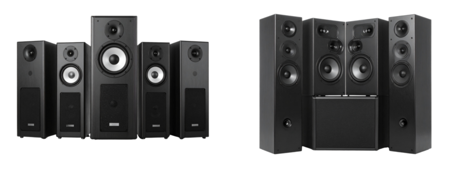 Black Home Theater Speaker System with Subwoofer, Front View, Isolated on White Background