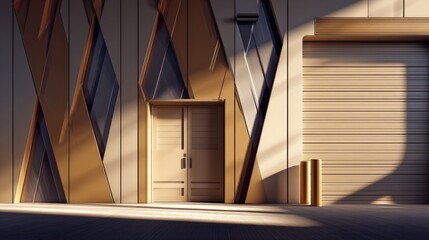 Obraz premium Modern building facade with geometric design and wooden elements