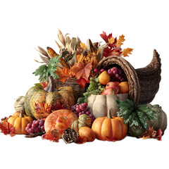 A cornucopia filled with pumpkins, grapes, corn, and fall leaves on a black background display