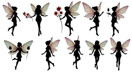 Silhouette Fairies with Flowers and Wings.