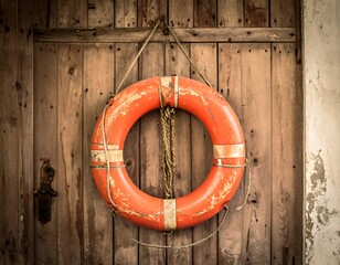 A rustic wooden door featuring an orange life preserver hanging by a rope. The door is weathered and aged