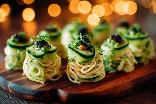 Creative Chinese New Year sushi pasta assortment on black plate, dark wooden table with bokeh background, perfect for festive culinary promotions and food blogs.