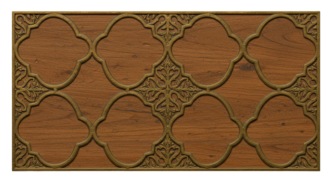 Intricate Pattern Design: A detailed top-down view of a decorative pattern, featuring a complex arrangement of repeating motifs in a blend of metallic and wood tones.