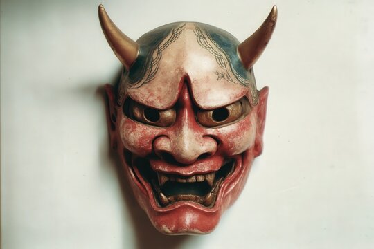 M&aacute;scara tradicional japonesa de demonio con expresi&oacute;n furiosa.