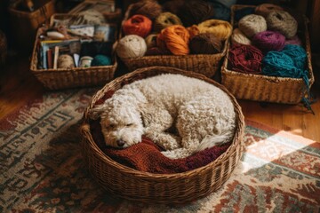 Dog sleeping in wicker basket indoors