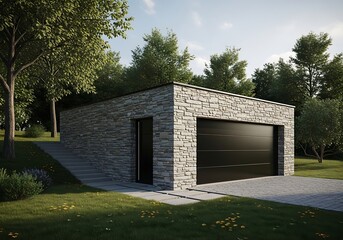 Modern Stone Garage Exterior with Black Door and Landscaping.