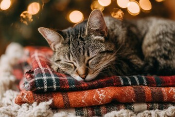 Sleeping tabby cat on plaid blankets