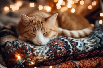 Ginger cat sleeping cozy winter scene