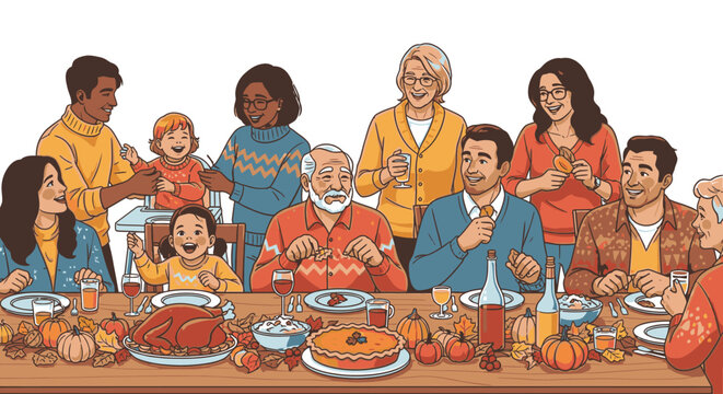 A diverse multi-generational family celebrating a holiday meal together around a festive dining table with turkey and pie.