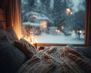 Cozy bedroom view snowy winter night