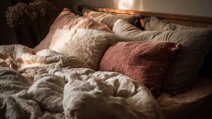 Cozy bedroom interior with pillows and blankets