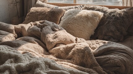 Cozy bed with fluffy pillows and blanket