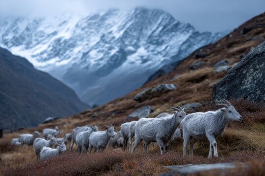 Herd of Himalayan blue sheep bharal grazes in the rugged terrain of the Himalayas under a cloudy sky