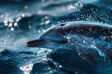 Fototapeta premium Dolphin surfaces gracefully in the ocean, water droplets sparkling in sunlight during a calm day near the shore