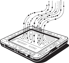 Conceptual illustration of a computer processor chip with data streams flowing upwards and outwards representing information processing and digital technology in a schematic drawing style